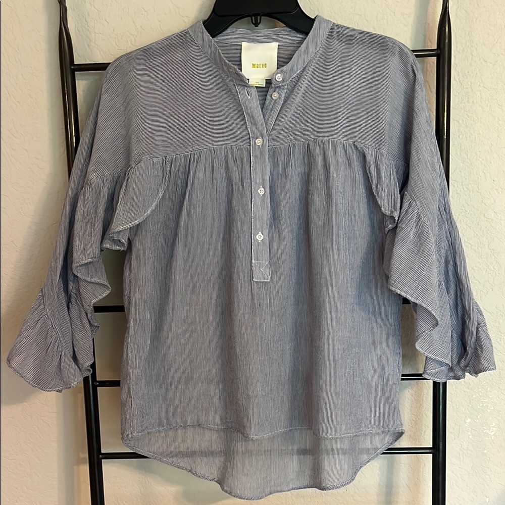 Anthropologie -Maeve Blue & white Ruffled Blouse with Bell Sleeves
